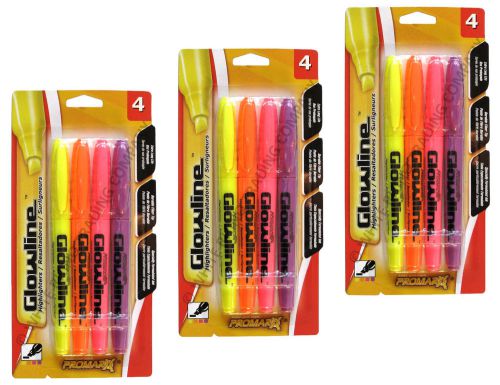 3 Packs of 4, ProMarx Glowline Chisel-Tip Highlighters Yellow Orange Pink Purple