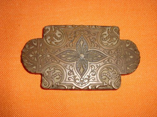 Antique 19th c. rare solid brass detailed floral printing plate plaque 84x46mm