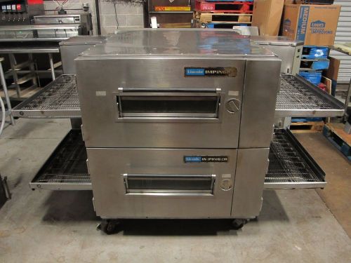 Lincoln 1600-015-al low profile double deck gas conveyor pizza oven for sale