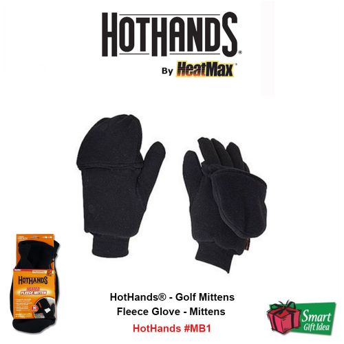 HeatMax_HotHands, Golf Mittens, BLK Sensitive Fleece + 2 Hand Warmers M/L #MB1