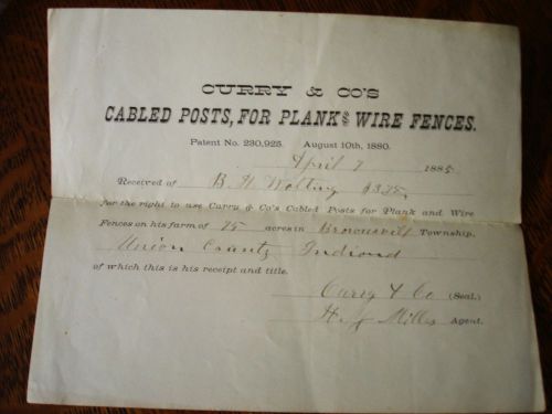Orig 1885 Curry &amp; Co&#039;s Farm Fence Receipt To BH Wolting Brownsville Union Co In.