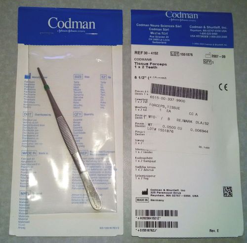 NEW CODMAN 89 30-4152 Thumb Tissue Forceps 1X2 Teeth 5 1/2&#034; 2.3 X 140mm GERMANY