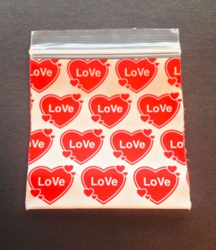 100 Red/White, Love Hearts 2 x 2 (Small Plastic Baggies) 2020 Tiny Ziplock Bags