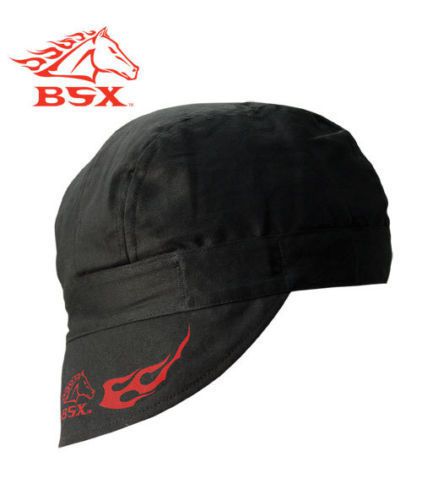 New Black BSX Welding Cap-Welders Hat, Biker, Black Stallion red flames