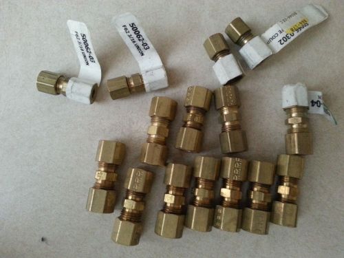 LOT OF 11 - 1/4&#034; BRASS FITTINGS - Compression couplings- 1/4&#034; X 1/4&#034; &amp; 1/8&#034;coupl