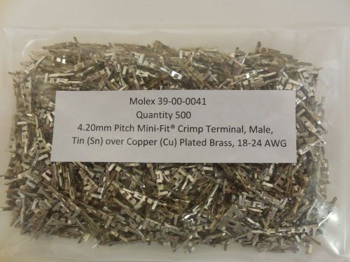 39-00-0041, molex, mini-fit, bag of 500, male, 18-24 awg, tin(39-00-0040 reel) for sale