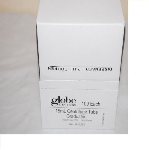 GLOBE SCIENTIFIC 6265 POLYSTYRENE 15ML GRADUATED CENTRIFUGE TUBES, BOX OF 100