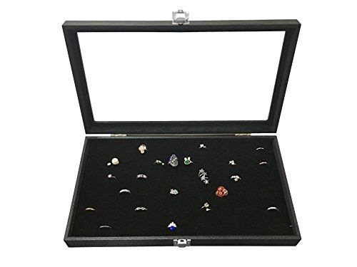 Sodynee? Glass Top Black Jewelry Display Case 72 Slot Ring Tray