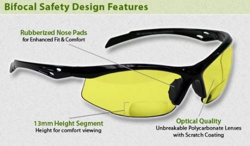 Bifocal safety glasses in polycarbonate yellow lens +3.00 diopter for sale