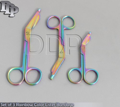 Set of 3 Multi Color Rainbow Color Lister Bandage Scissors 4.5&#034; 5.5&#034; 7.5&#034;