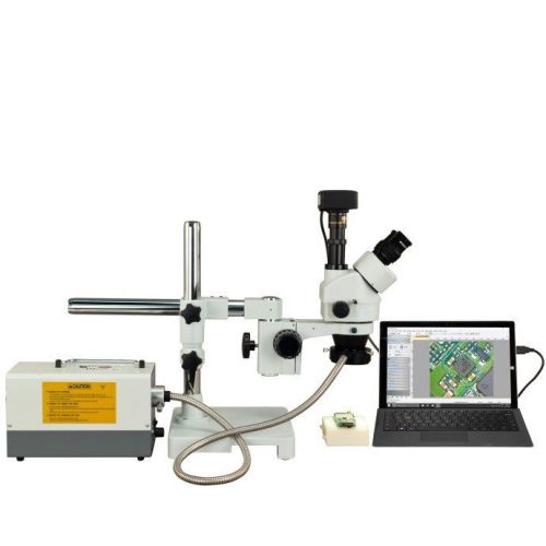 OMAX 2.1X-90X 5MP USB3.0 Zoom Boom Stand Stereo Microscope+150W Fiber Ring Light