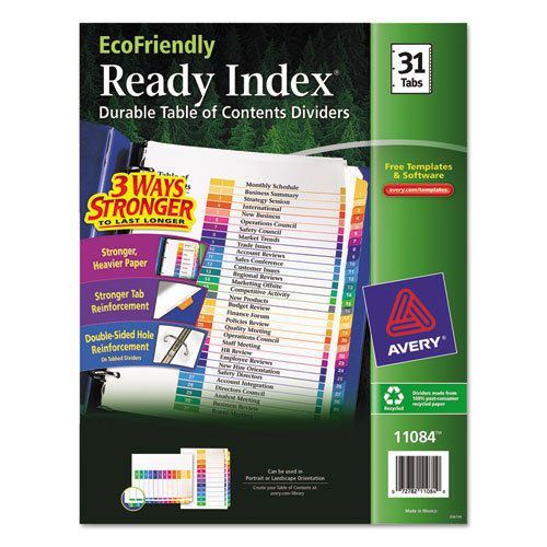 EcoFriendly Table of Content Dividers, 1-31 Multicolor Tabs, 11 x 8-1/2