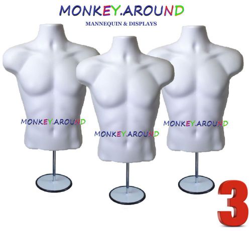 3 Male Mannequin White Torso Forms +3 Hook +3 Stand - Display&#039;s Men Shirt Pants