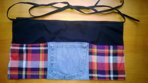 Plaid / recycled jeans waitress half apron, server apron, waist 3 pocket 4thjean