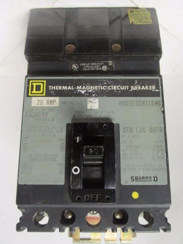 Square d 20 amp 3 pole i-line circuit breaker cat no. fa36020   .......   vd-229 for sale