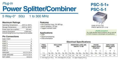 Power Splitter/Combiner : 5 Way-0° 50? 1 to 300 MHz PSC-5-1 Mini-Circuits