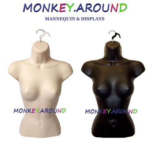 2 female mannequin torso body displays women clothing hanging forms flesh black for sale