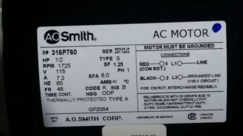 1/2 HP 1725 RPM 48 Frame 115V Split Ph Motor AO smith 316P760 Century gf2054