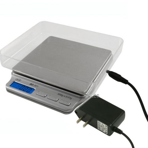 Aws sc-501a large platform precision pocket scale 500g x 0.01g silver ac adapter for sale