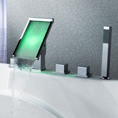 Modern LED Deck Mounted Waterfall Roman Tub Shower Faucet Chrome Free Shipping