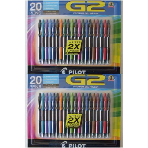 LOT 2 - Pilot G2 Gel Roller Ball Retractable Assorted Colors Ink Fine 20 Pens
