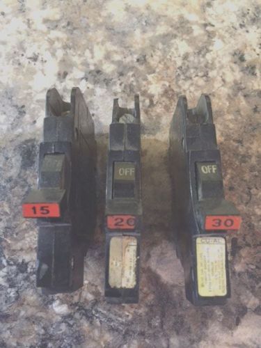 LOT OF 3 FEDERAL PACIFIC STAB LOK NC-NI CIRCUIT BREAKERS 1P 15A, 1P 20A, 1P 30A