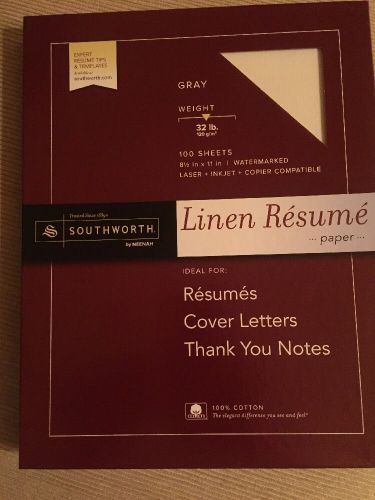 Southworth RD18GCFLN Resume Paper, Linen, 32 lb, 8-1/2&#034;x11&#034;, 100/BX, Gray
