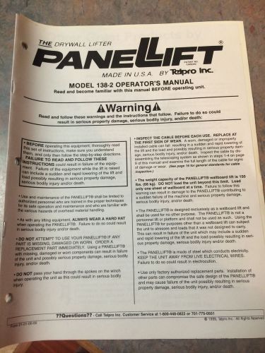 Telpro Inc. Panellift Operator&#039;s Manual, Model 138-2