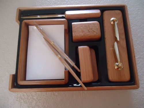 Desk Set, Oak Wood 8 Piece, 2 pens, holder, card holder, letter opener, pencil