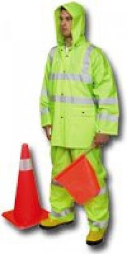 Mutual 14511 3 piece pvc/high visibility polyester ansi class 3 rain suit, lime for sale