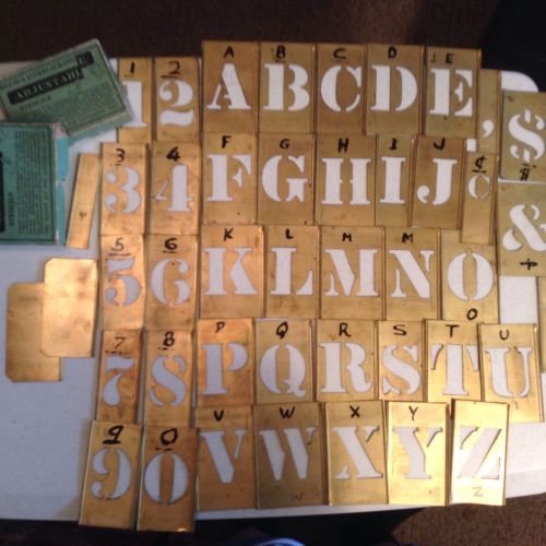 Vintage 4&#034; brass stencils reeses interlocking adj. boxed letters numbers symbols for sale