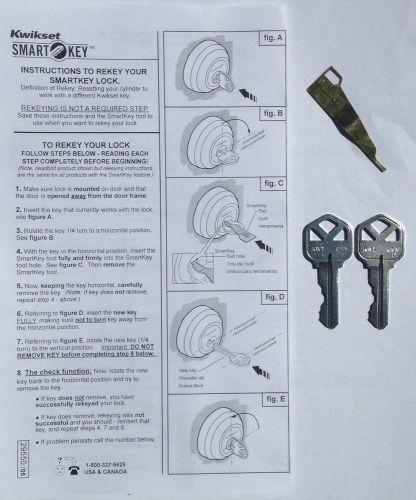 2 keys + kwikset smart key rekey kit -  rekey tool w/ instructions for sale