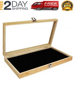 Wood Glass Top Lid Black Pad Display Box Case Medals Awards Jewelry New