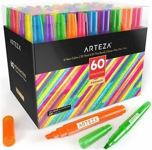 Arteza Highlighters, Broad &amp; Narrow Chisel Tips, Alcohol-Based,  6 colors 60pack