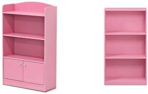 FURINNO Stylish Kidkanac Bookshelf with Storage Cabinet, Pink &amp; Basic 3-Tier Boo