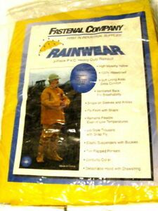 NEW Unused 3Pc Yellow PVC HD 3XL Rain Suit Jacket Bib Trousers Hood FASTENAL