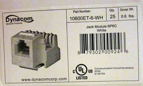 Case of 25 Dynacom 10600ET-6-WH Jack Module single row Cat 3 6P6C Keystone