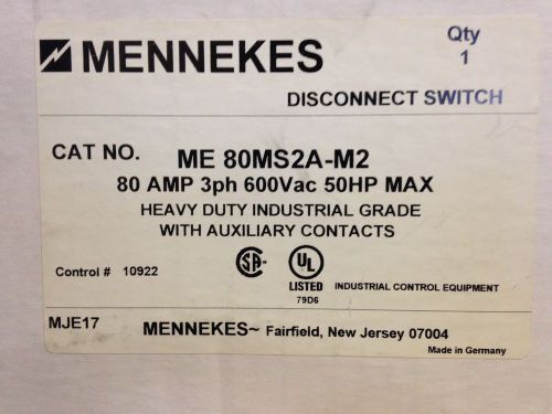 Me-80ms2a-m2 mennekes 80amp 3ph 600v 50hp max disconnect switch for sale