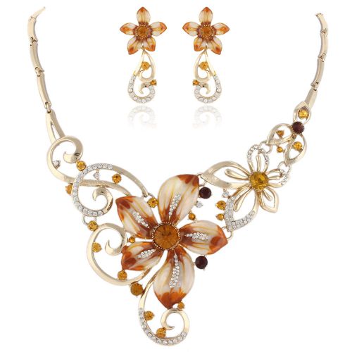 Amazing Large Flower Necklace Earrings Set Rhinestone Crystal Enamel Gold Tone