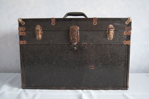 Vintage wood encased metal Machinist tool chest box 7 drawers