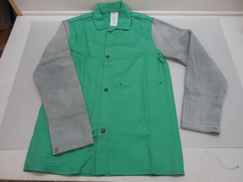 WELDING JACKET 30&#034; LEATHER SLEEVES w/ INSIDE POCKET  SMALL GREEN PROTECTIVE GEAR