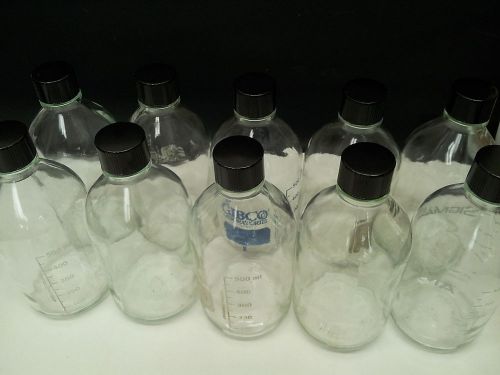 Lot of 10 Wheaton 500 ml glass bottles + threaded caps, laboratory