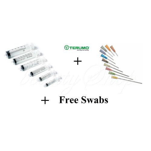 Terumo 3-part syringes 1ml 2ml to 50ml + needles 18g to 30g + alcohol swabs x 3 for sale