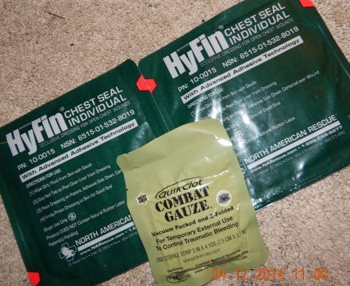 2 HyFin Chest Seal &amp;1 Quick Clot Combat Gauze   Vacuum Seal Z Fold Heat Free