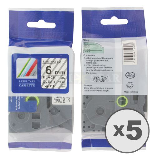 5pk Transparent on Black Tape Label for Brother P-Touch TZ TZe 111 6mm 1/4&#034;
