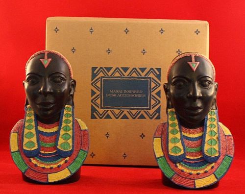 Hand-painted Beaded Masai Bookends New in Box