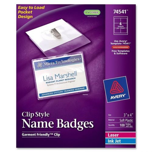 New ! AVERY 74541 Name Badges w/ Clip Top Load 3 X 4 100 / Box White