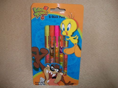 Starpoint looney tunes set of 5 black ink medium tip stick pens, new in package! for sale