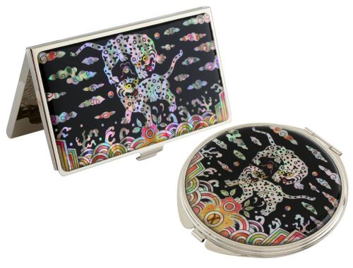 Nacre two tiger Business card holder case Makeup compact mirror gift set #59