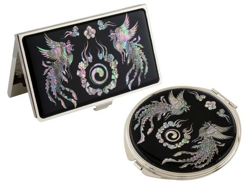 Nacre phoenx Business card holder case Makeup compact mirror gift set #72